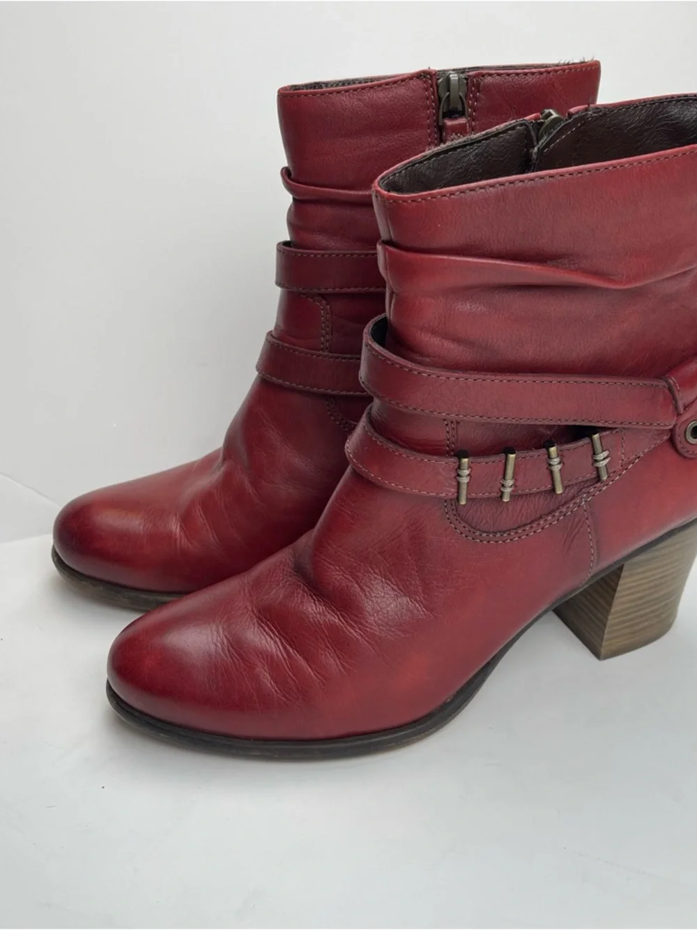 Tamaris Leather Ankle Heeled Boots Dark Red Buckle Block Heel 40 Lined Grunge - Picture 4 of 12